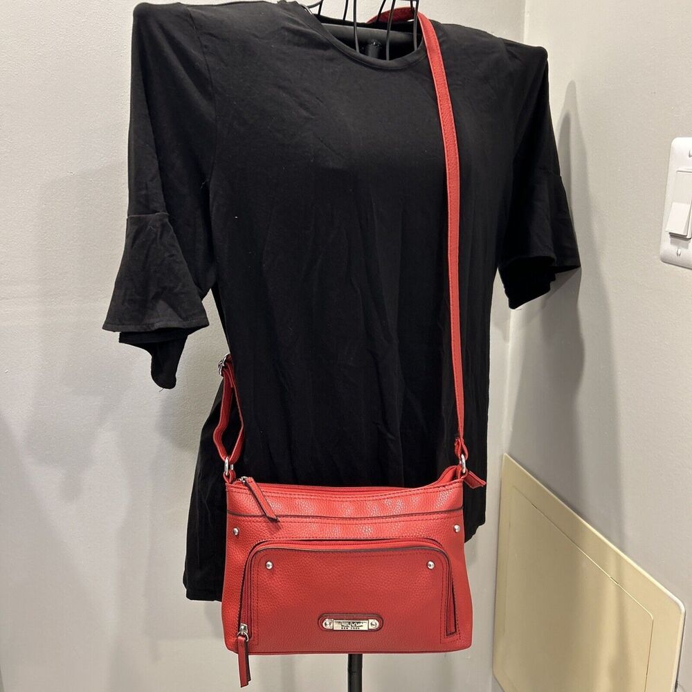 Nicole Miller Leather Crossbody Shoulder Bag Purse Soft Red